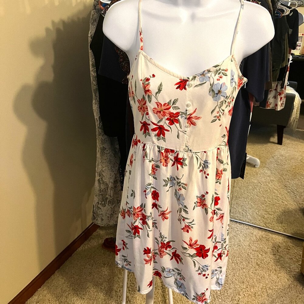 JUNIORS SPAGHETTI STRAP SUNDRESS SIZE 2 DIVIDED CREAM/RED/BLUE FLORAL SIZE ZIP